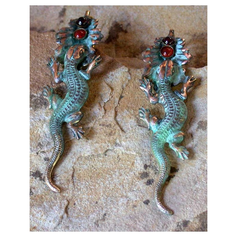NAP56e Verdigris Patina Solid Brass Lizard on Leaf Earrings - Amethyst, Carnelian NAP56e Verdigris Patina Solid Brass Lizard on Leaf Earrings - Amethyst, Carnelian