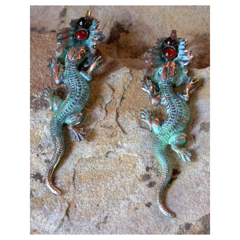 NAP56e Verdigris Patina Solid Brass Lizard on Leaf Earrings - Amethyst, Carnelian