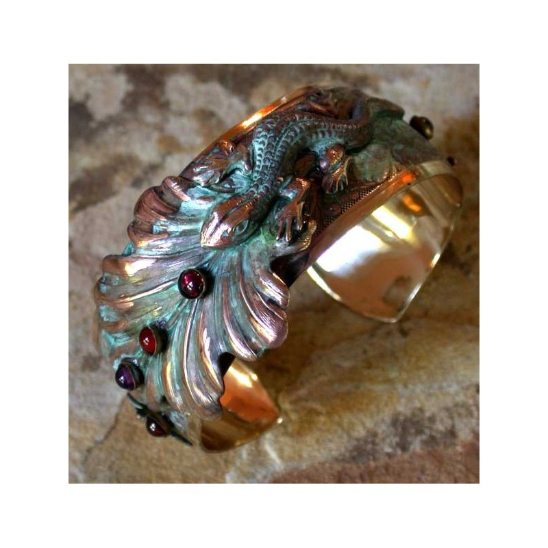 NAP56bc Verdigris Patina Solid Brass Lizard on Leaves Cuff - Amethyst, Carnelian, Garnet NAP56bc Verdigris Patina Solid Brass Lizard on Leaves Cuff - Amethyst, Carnelian, Garnet