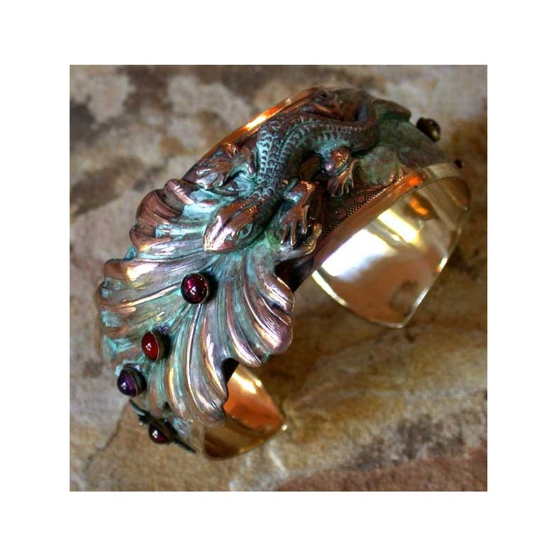 NAP56bc Verdigris Patina Solid Brass Lizard on Leaves Cuff - Amethyst, Carnelian, Garnet