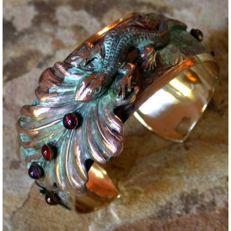 NAP56bc Verdigris Patina Solid Brass Lizard on Leaves Cuff - Amethyst, Carnelian, Garnet