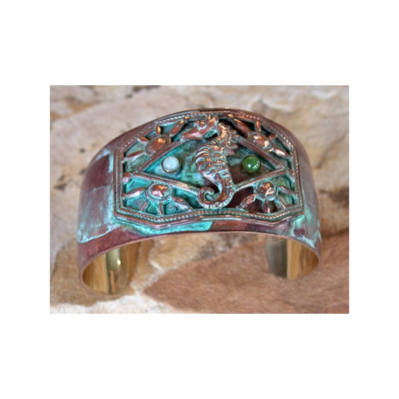 OCP9246cf Verdigris Patina Brass Seahorse Cuff - Amazonite, Jade OCP9246cf Verdigris Patina Brass Seahorse Cuff - Amazonite, Jade