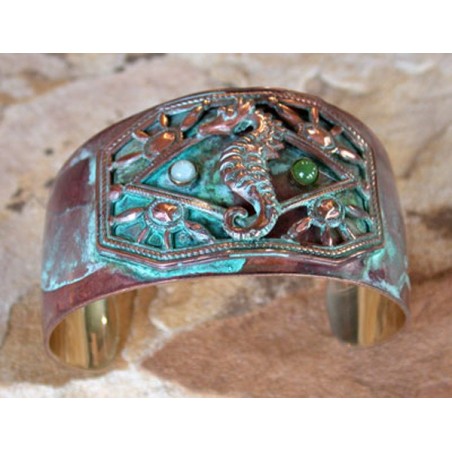 OCP9246cf Verdigris Patina Brass Seahorse Cuff - Amazonite, Jade