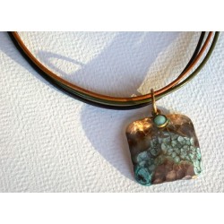 TDP 43pd Verdigris Patina Hand Hammered Textured Brass Tag Pendant on Tri-color Rawhide - Light Amazonite