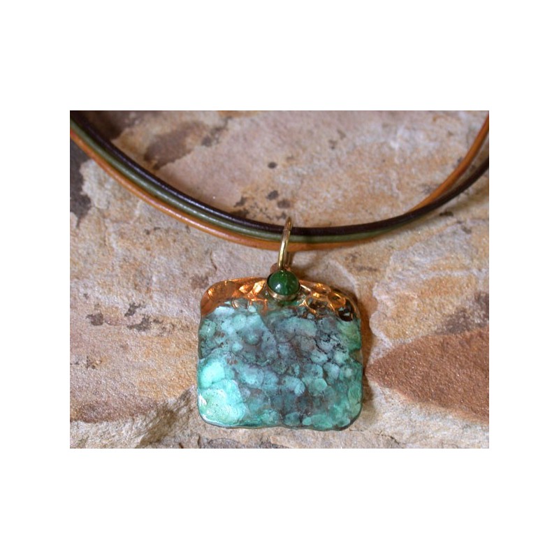 TDP 43pd Verdigris Patina Hand Hammered Textured Brass Tag Pendant on Tri-color Rawhide - Nephrite Jade