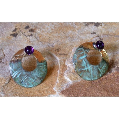 TTP 2429e Verdigris Patina Brass Hand Hammered Textured Tealeaf Small Cut-Out Circle Earrings - Amethyst