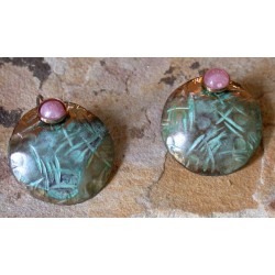 TTP 482e Verdigris Patina Brass Hand Hammered Textured Tealeaf Domed Circle Earrings - Rhodochrosite