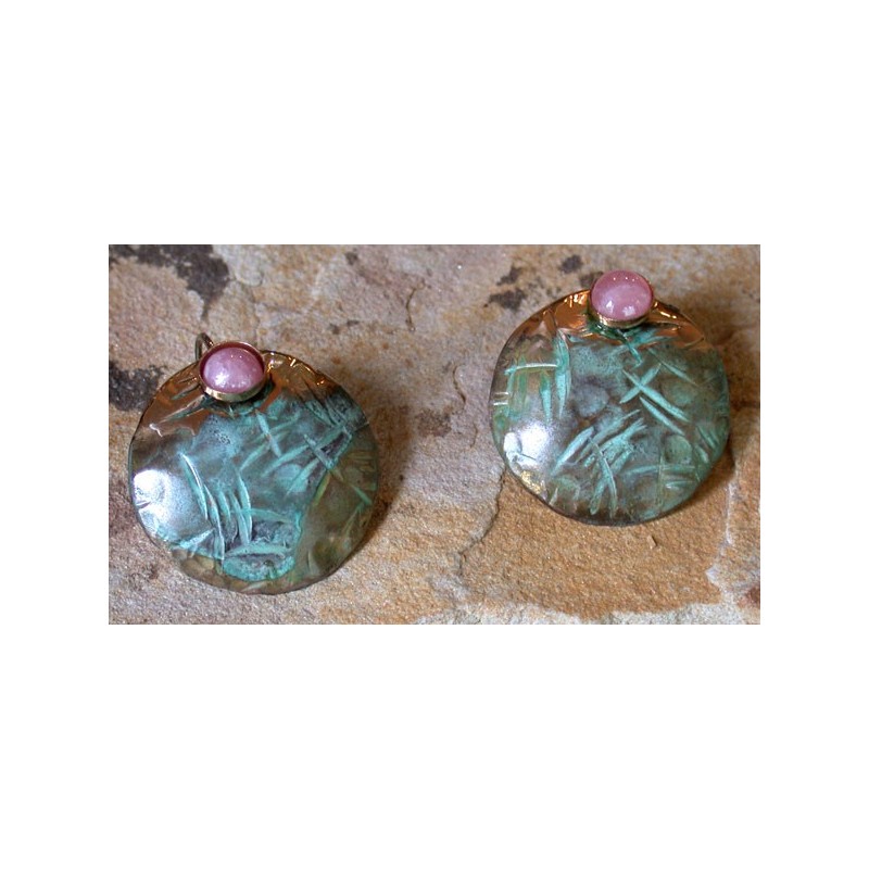 TTP 482e Verdigris Patina Brass Hand Hammered Textured Tealeaf Domed Circle Earrings - Rhodochrosite