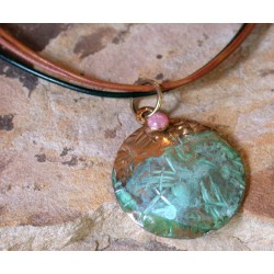 TTP 46pd Verdigris Patina Brass Hand Forged Textured Tealeaf Domed Circle Tag Pendant on Rawhide - Rhodochrosite