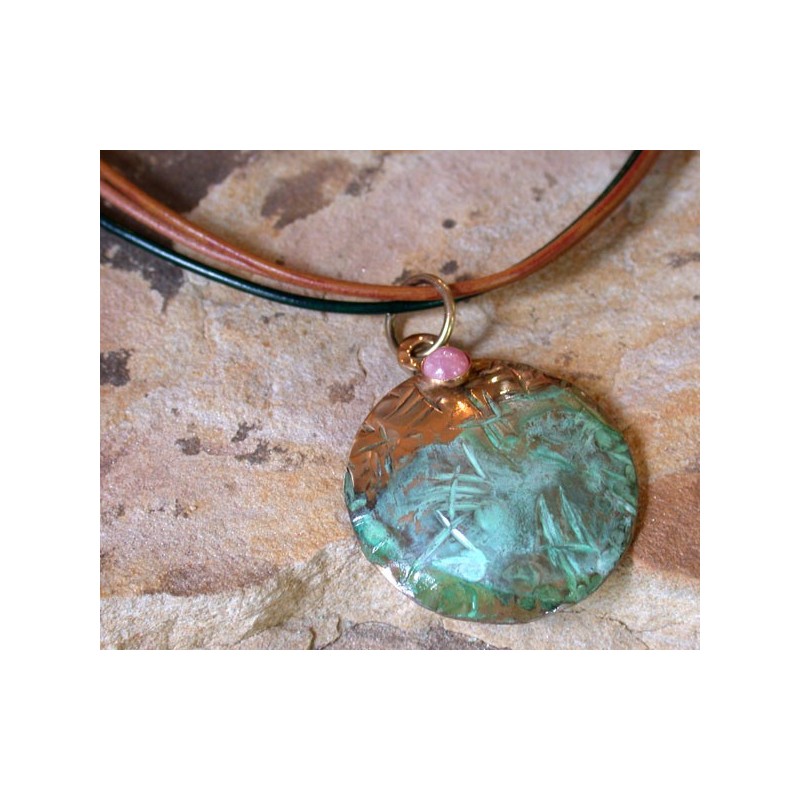 TTP 46pd Verdigris Patina Brass Hand Forged Textured Tealeaf Domed Circle Tag Pendant on Rawhide - Rhodochrosite
