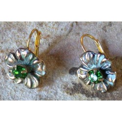 NAP418eCR  Verdigris Patina Solid Brass Small Floral Earrings - Fern Swarovski Crystals