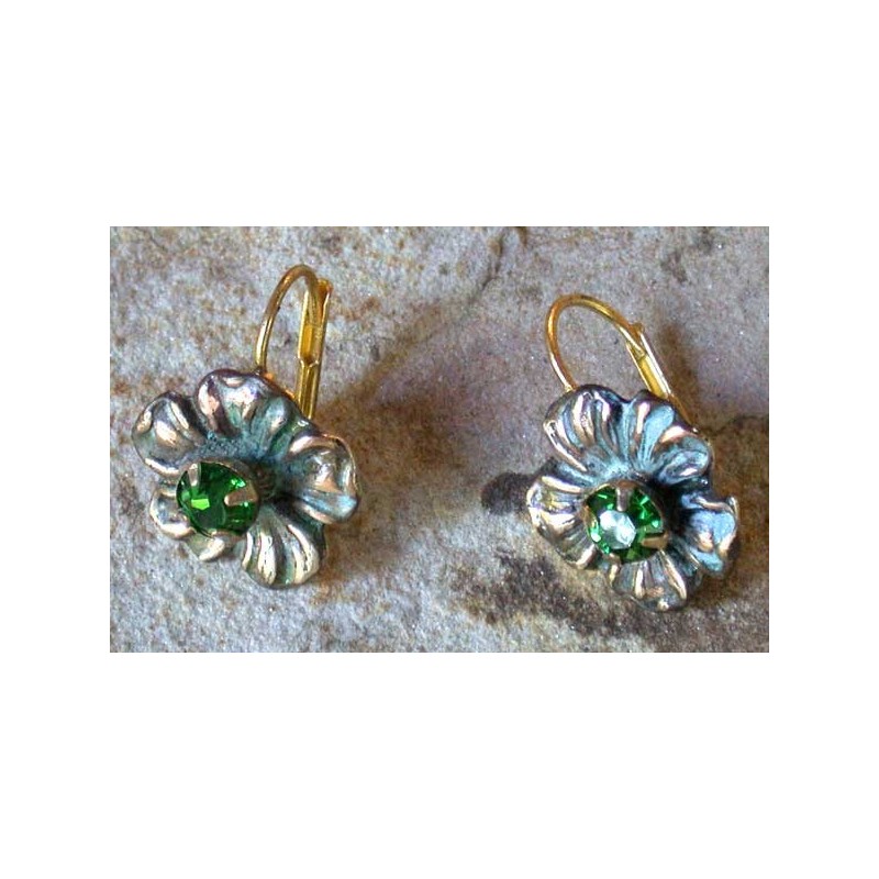 NAP418eCR  Verdigris Patina Solid Brass Small Floral Earrings - Fern Swarovski Crystals