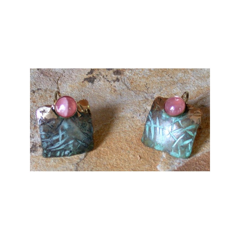 TTP 888e Verdigris Patina Brass Hand Hammered Textured Tealeaf Small Domed Square Earrings - Rhodochrosite