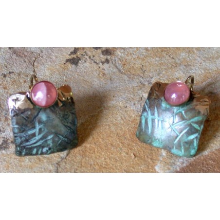 TTP 888e Verdigris Patina Brass Hand Hammered Textured Tealeaf Small Domed Square Earrings - Rhodochrosite