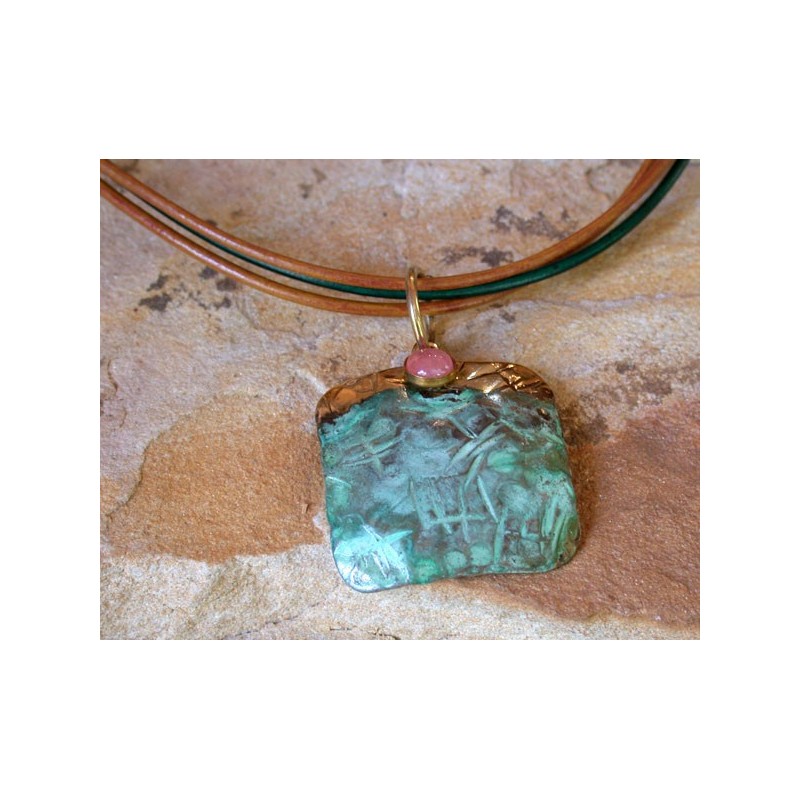 TTP 43pd Verdigris Patina Brass Hand Forged Textured Tealeaf Tag Pendant on Rawhide - Rhodochrosite