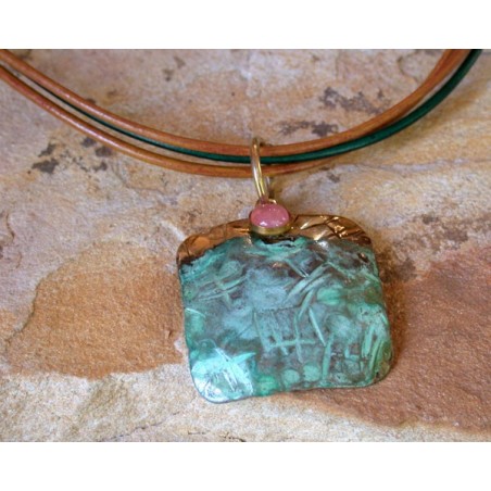 TTP 43pd Verdigris Patina Brass Hand Forged Textured Tealeaf Tag Pendant on Rawhide - Rhodochrosite