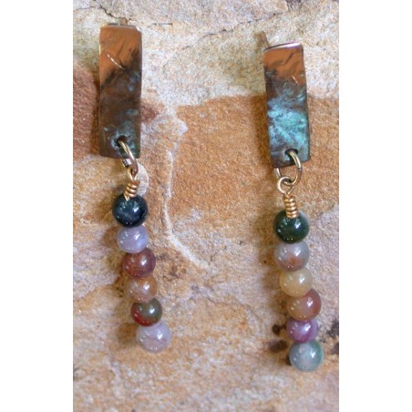 TTP 219eFJ Verdigris Patina Brass Hand Hammered Textured Tealeaf Earrings - Fancy Jasper