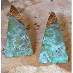TTP 106e Verdigris Patina Textured Solid Brass Contemporary Concept Elongated Triangle Earrings 