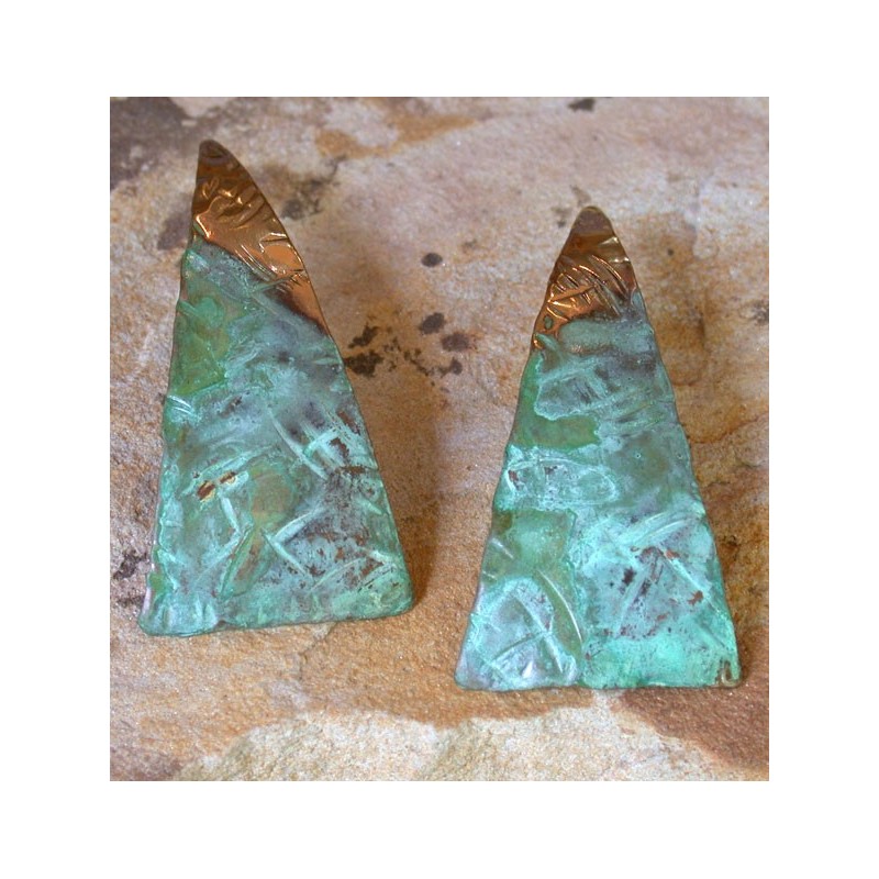 TTP 106e Verdigris Patina Textured Solid Brass Contemporary Concept Elongated Triangle Earrings 