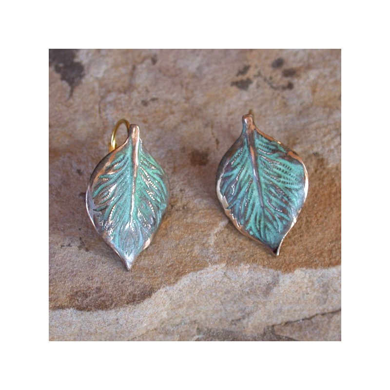 NAP747e  Verdigris Patina Solid Brass Small Detailed Leaf Earrings