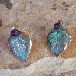 NAP747e  Verdigris Patina Solid Brass Small Detailed Leaf Earrings