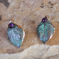 NAP747e  Verdigris Patina Solid Brass Small Detailed Leaf Earrings