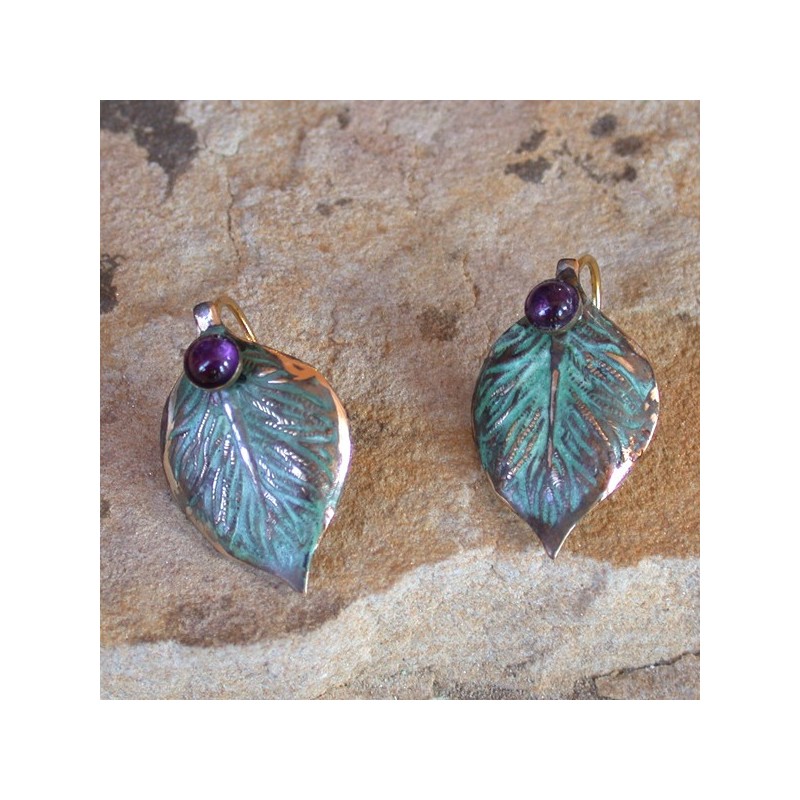 NAP747e  Verdigris Patina Solid Brass Small Detailed Leaf Earrings