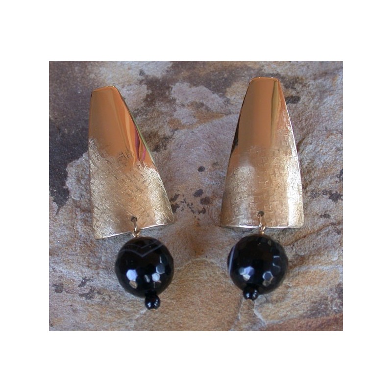 SIT 841e Silk Textured Forged Solid Brass Contemporary Tapered Barrel Earrings - Faceted Black Sardonyx