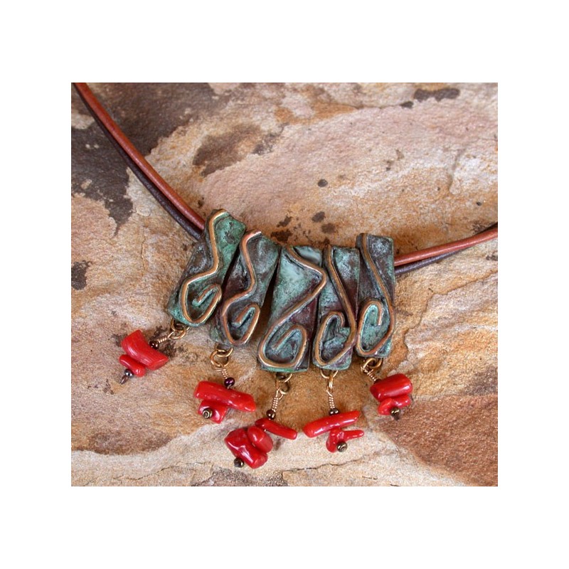 WO45n Verdigris Patina Cast Brass Wonder Series Five Piece Necklace - Red Italian Coral WO45n Verdigris Patina Cast Brass Wonder Series Five Piece Necklace - Red Italian Coral