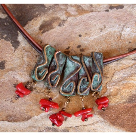 WO45n  Verdigris Patina Cast Brass Wonder Series Five Piece Necklace - Red Italian Coral 