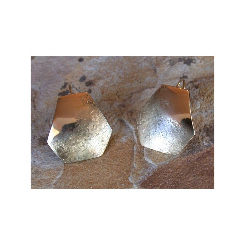 SIT 606e Silk Textured Forged Solid Brass Contemporary Elongated Domed Hexagon Earrings 