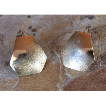 SIT 606e Silk Textured Forged Solid Brass Contemporary Elongated Domed Hexagon Earrings 