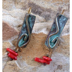 WO46e Verdigris Patina Cast Brass Wonder Series Earrings - Red Italian Coral