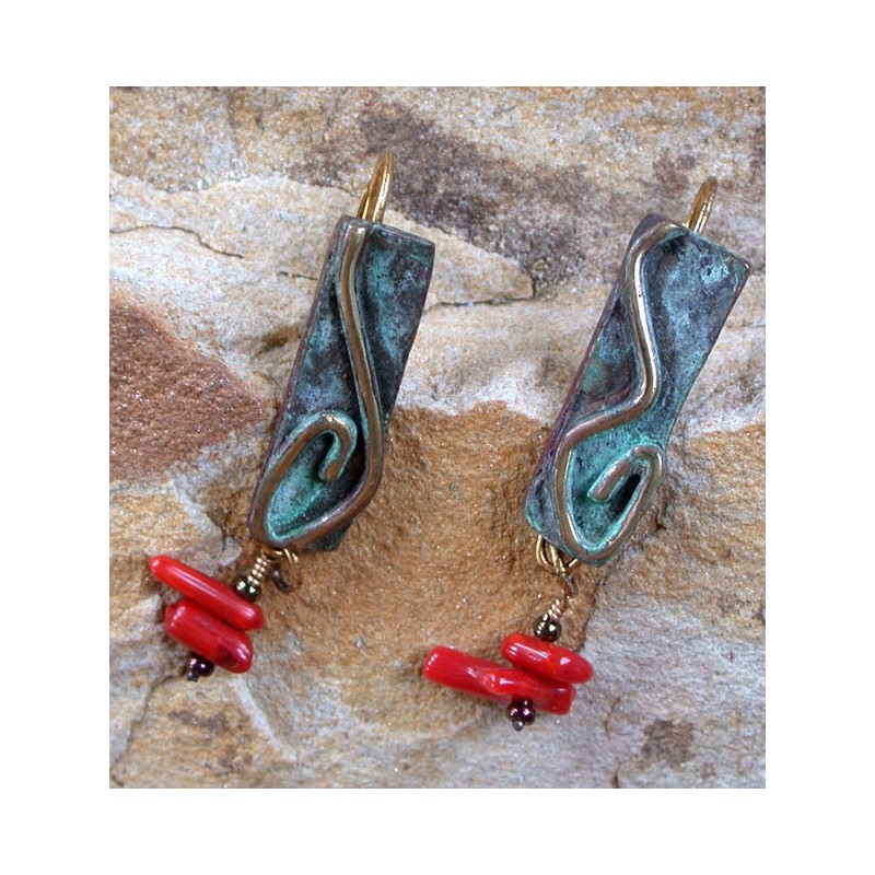 WO46e Verdigris Patina Cast Brass Wonder Series Earrings - Red Italian Coral