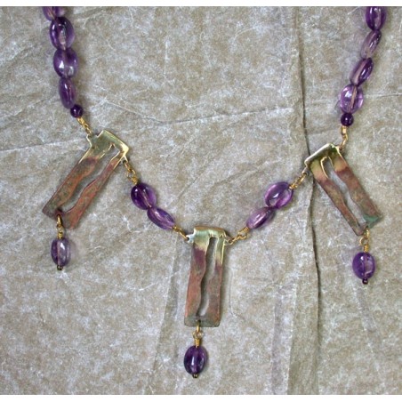 MAE910n  Earth Patina  Cast Brass Modern Art Three Piece Necklace - Amethyst