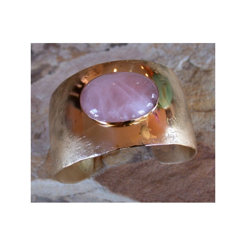 SIT 616cf Silk Textured Forged Solid Brass Tapered Cuff - Rose Quartz