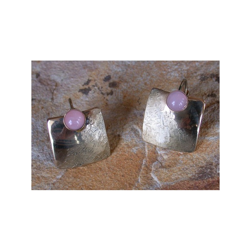 SIT 888e Silk Textured Forged Solid Brass Contemporary Classic Domed Square Earrings - Rose Quartz