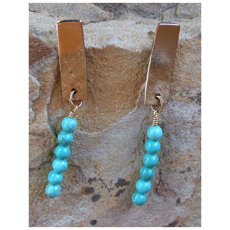 SIT 219e Silk Textured Forged Solid Brass Classic Narrow Elongated Rectangle Earrings - Turquoise