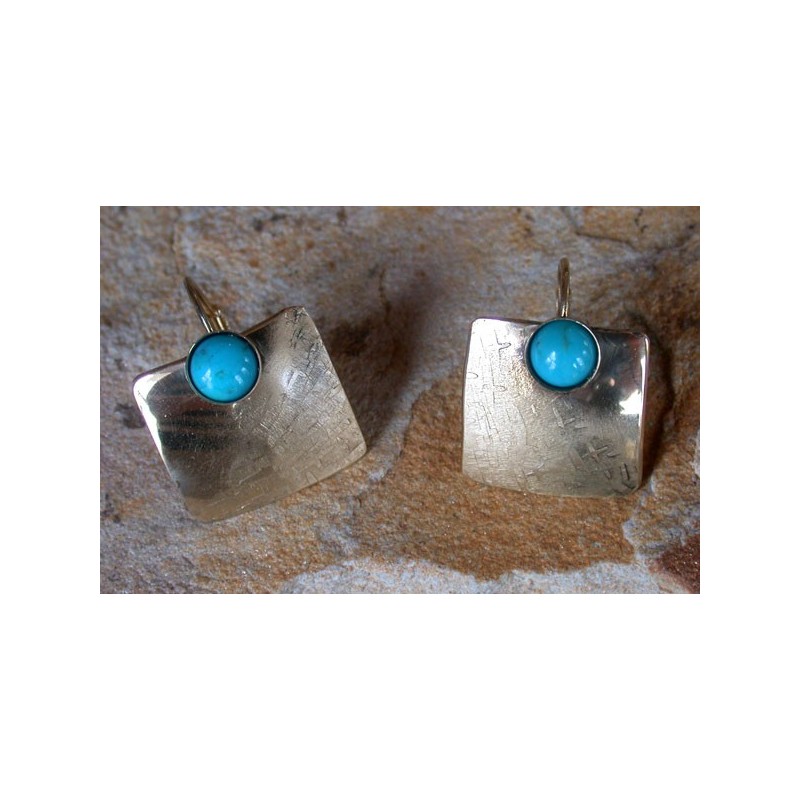SIT 888e Silk Textured Forged Solid Brass Contemporary Classic Domed Square Earrings - Turquoise
