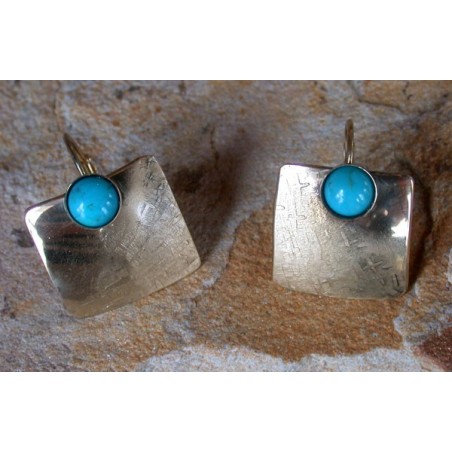 SIT 888e Silk Textured Forged Solid Brass Contemporary Classic Domed Square Earrings - Turquoise
